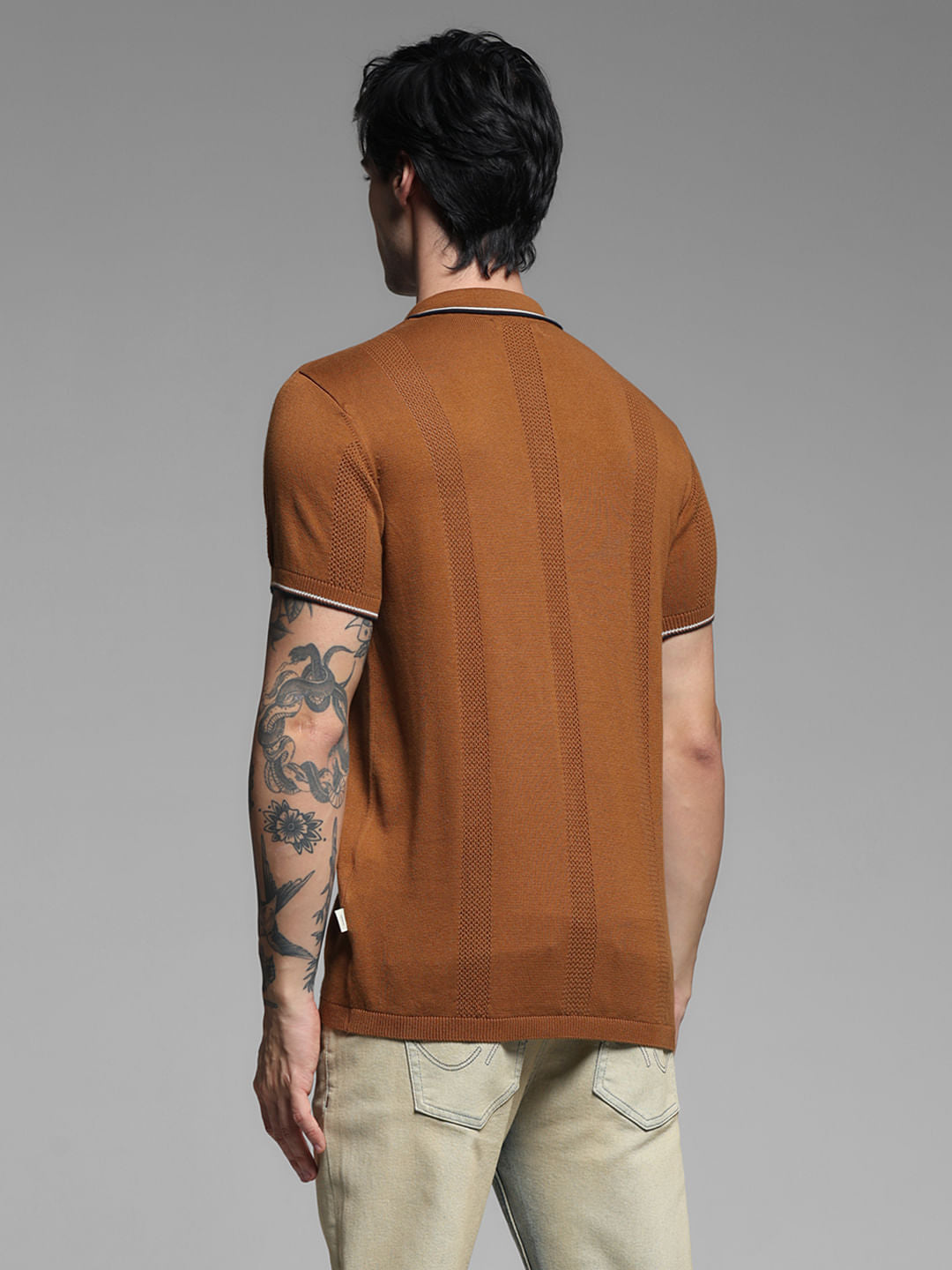 Brown Contrast Tipping Knitted Polo