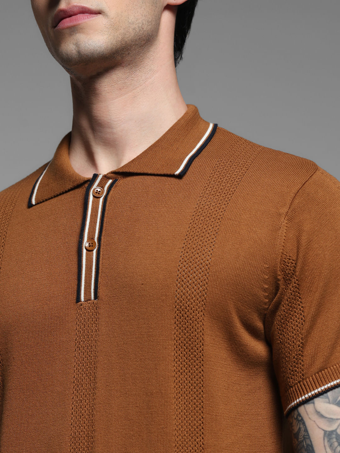 Brown Contrast Tipping Knitted Polo