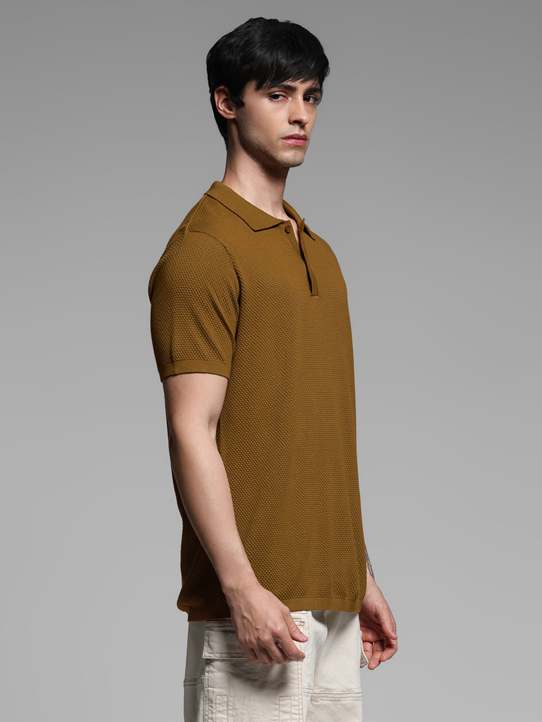 BROWN KNITTED POLO T-SHIRT