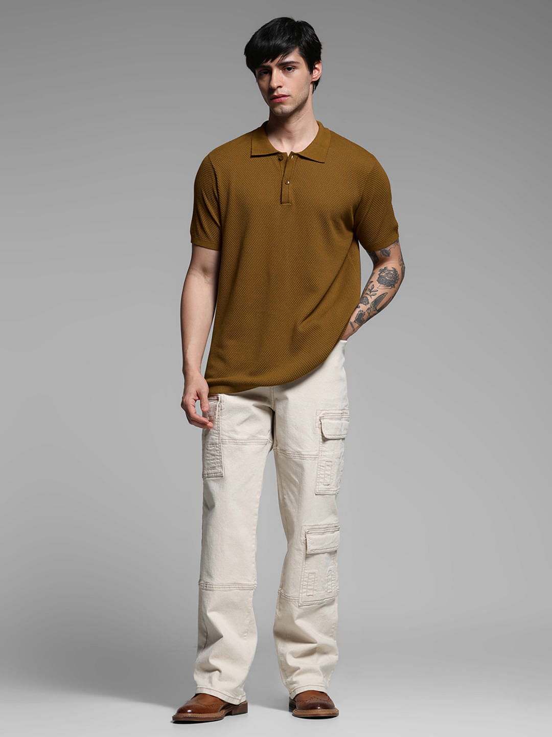 BROWN KNITTED POLO T-SHIRT
