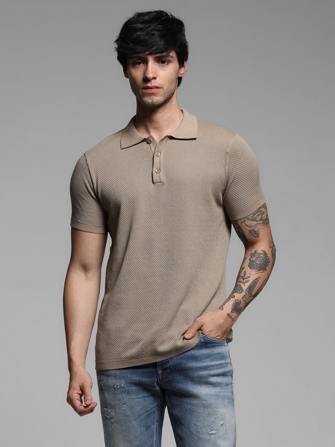 Brown Textured Knitted Polo