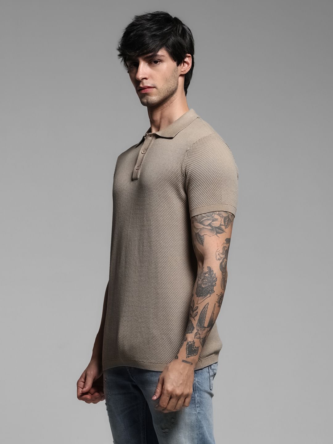 Brown Textured Knitted Polo