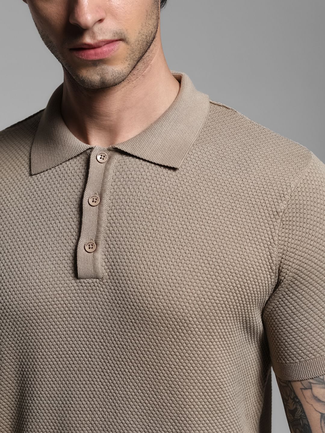 Brown Textured Knitted Polo