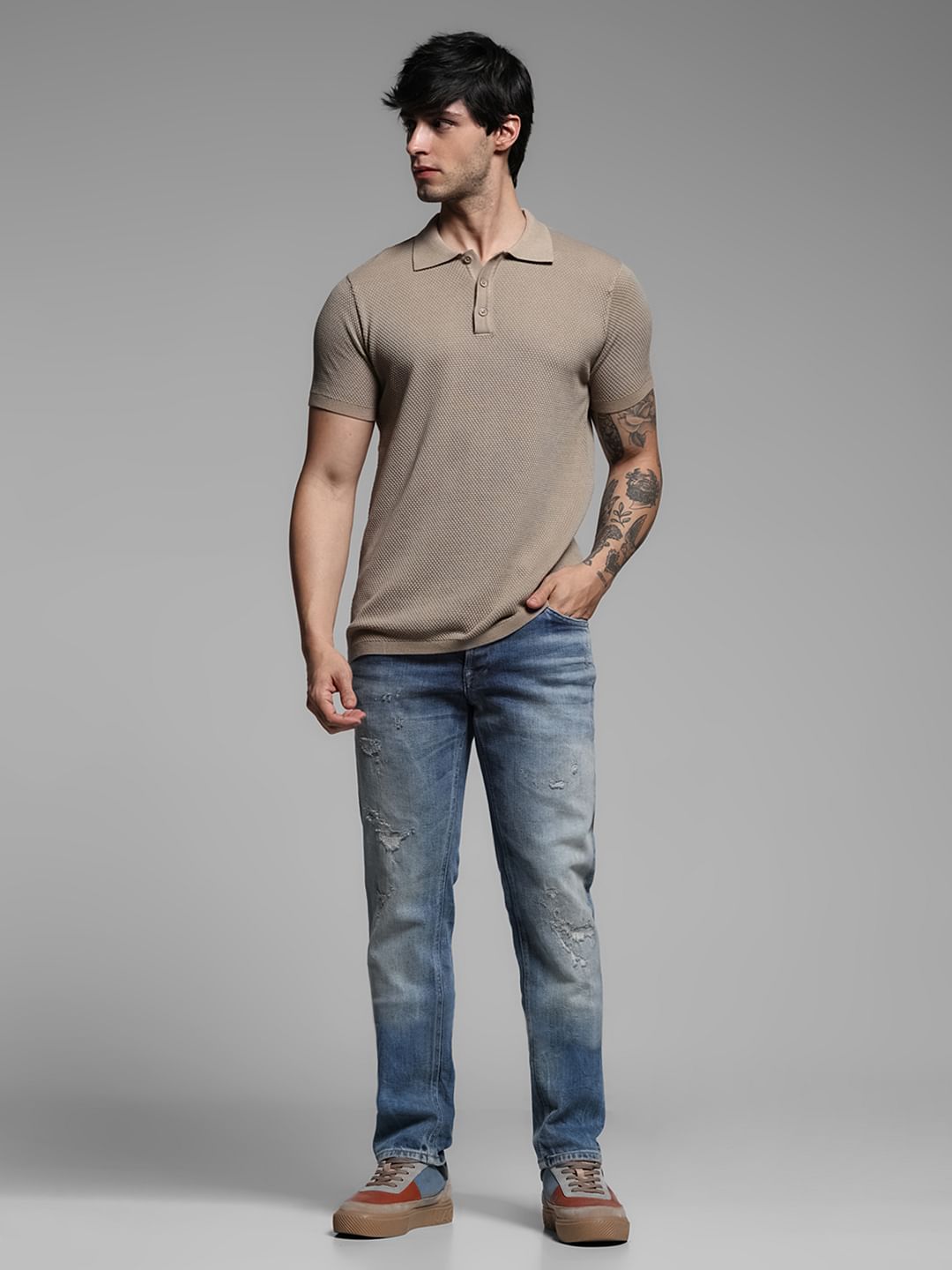 Brown Textured Knitted Polo