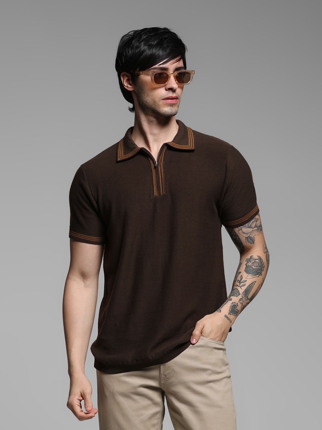 Brown Knitted Contrast Tipping Polo - S