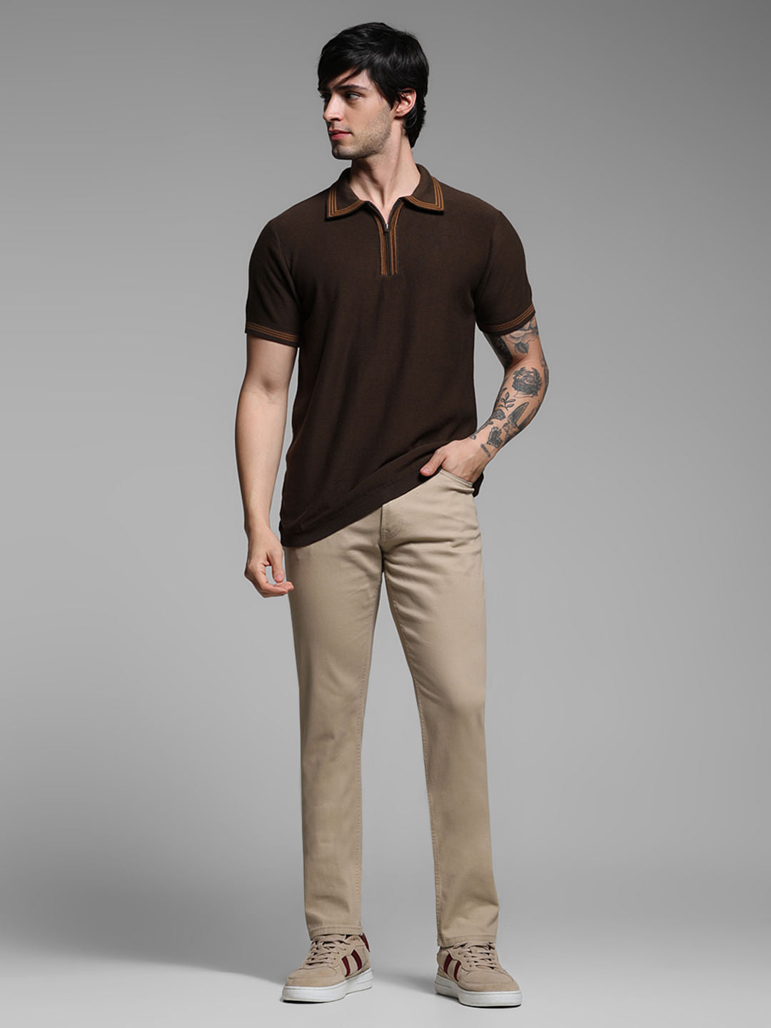 Brown Knitted Contrast Tipping Polo