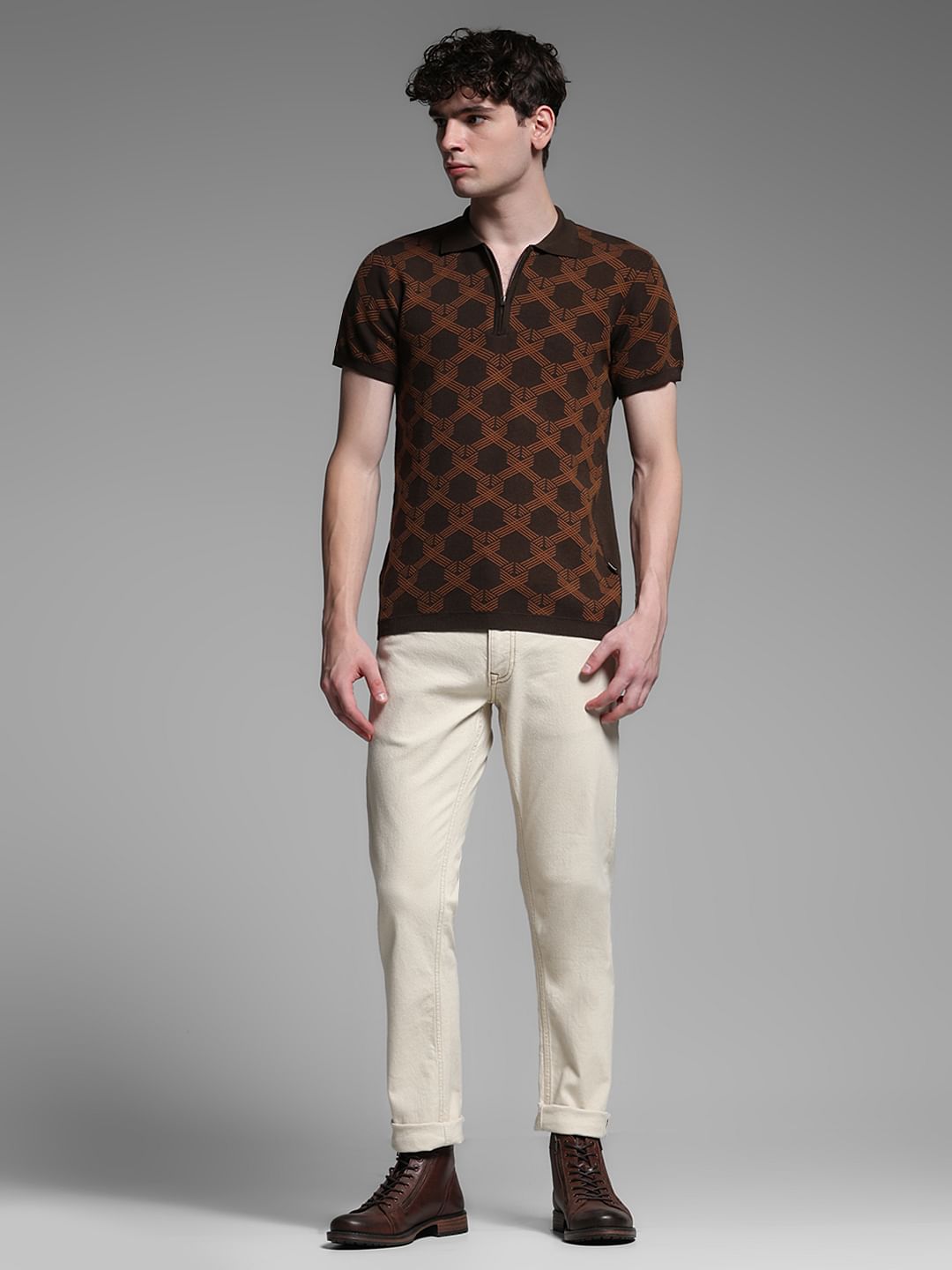 Dark Brown Jacquard Printed Polo