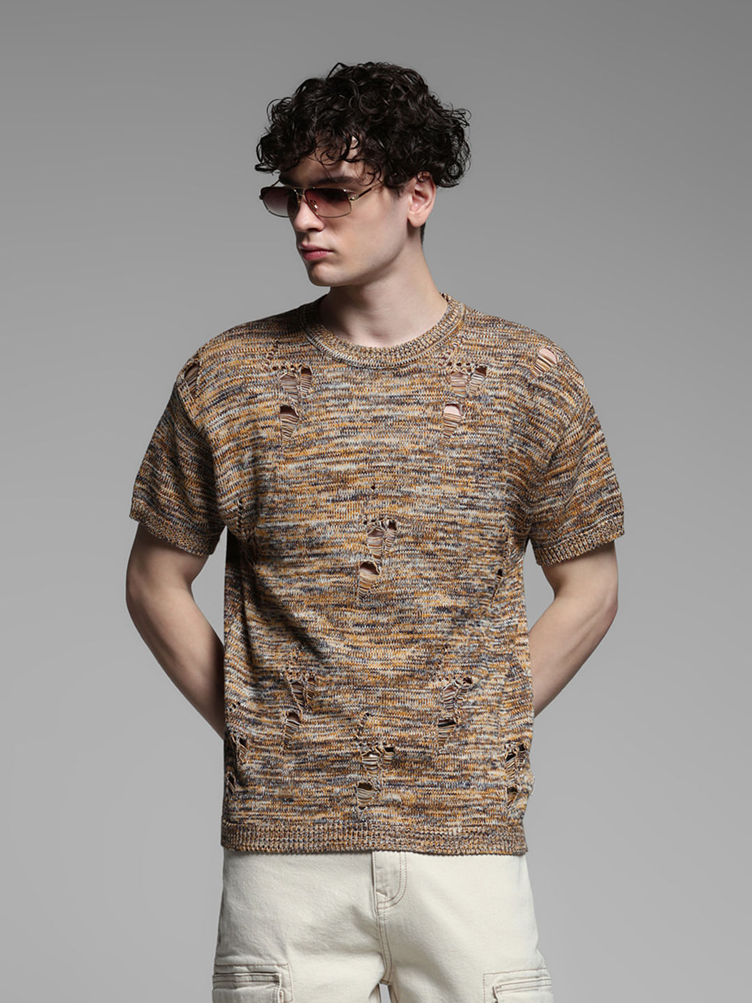 Brown Distressed Oversized Pullover - M
