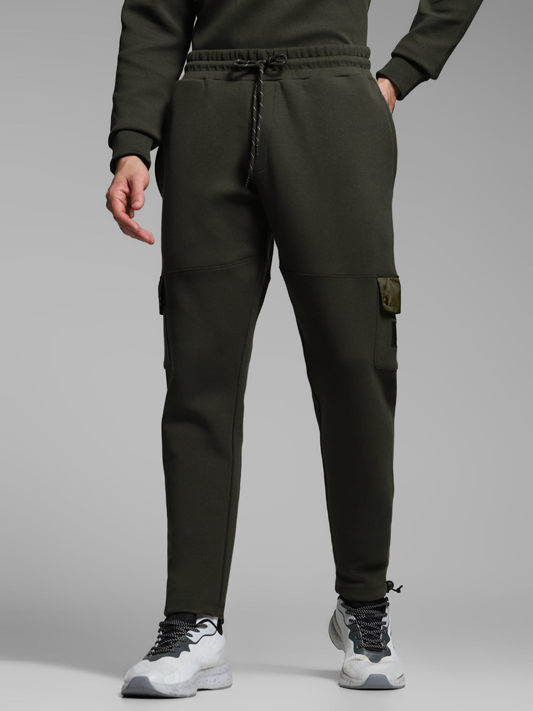Men's Cotton Lycra Cargo Joggers With Drawstring Waist - Forest Green