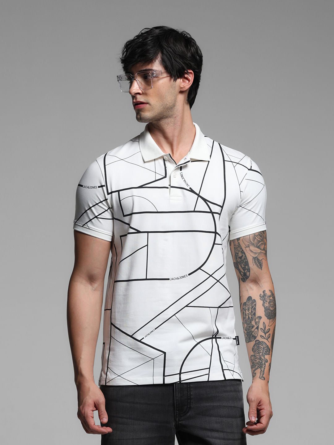 White Printed Cotton Polo Neck T-shirt - S
