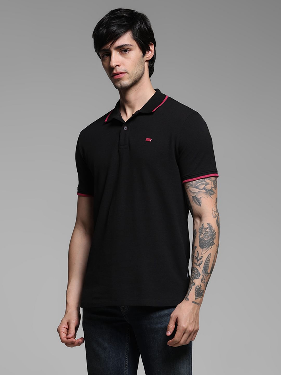 Black Logo Print Cotton Polo