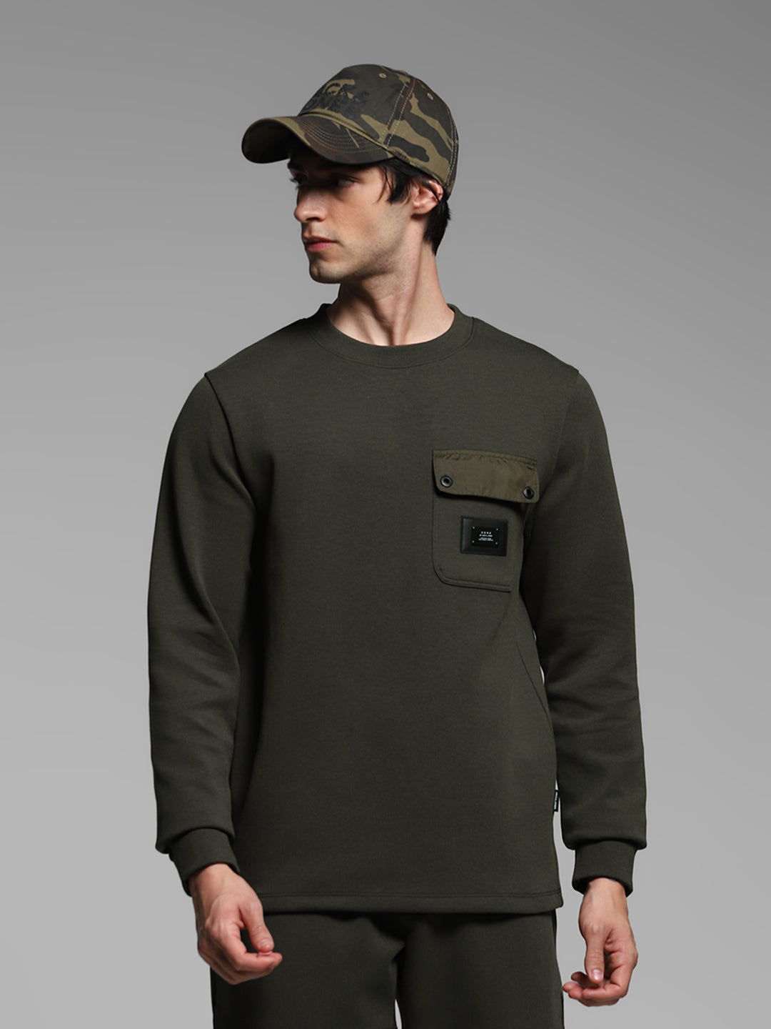 Men's Forest Green Cotton Blend Regular Fit Crew Neck Sweatshirt - S