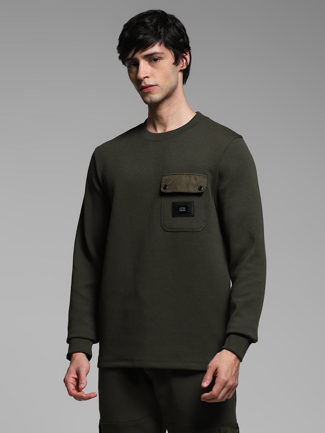 Men's Forest Green Cotton Blend Regular Fit Crew Neck Sweatshirt
