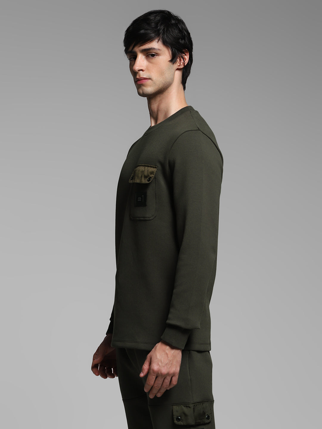 Men's Forest Green Cotton Blend Regular Fit Crew Neck Sweatshirt