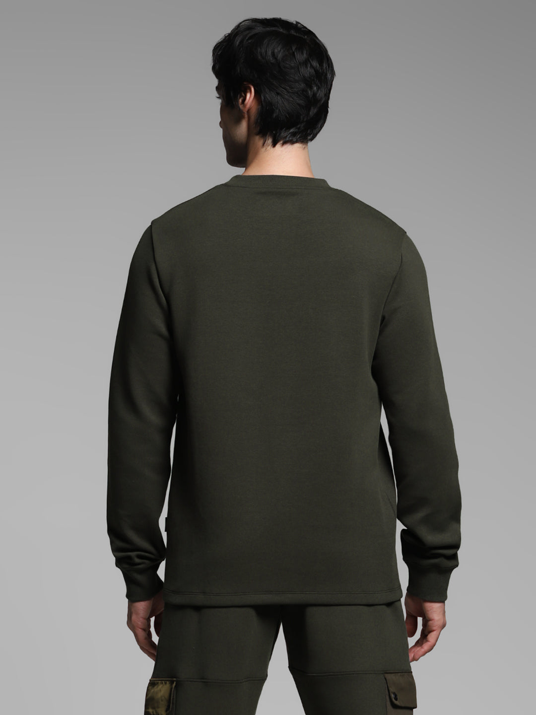 Men's Forest Green Cotton Blend Regular Fit Crew Neck Sweatshirt