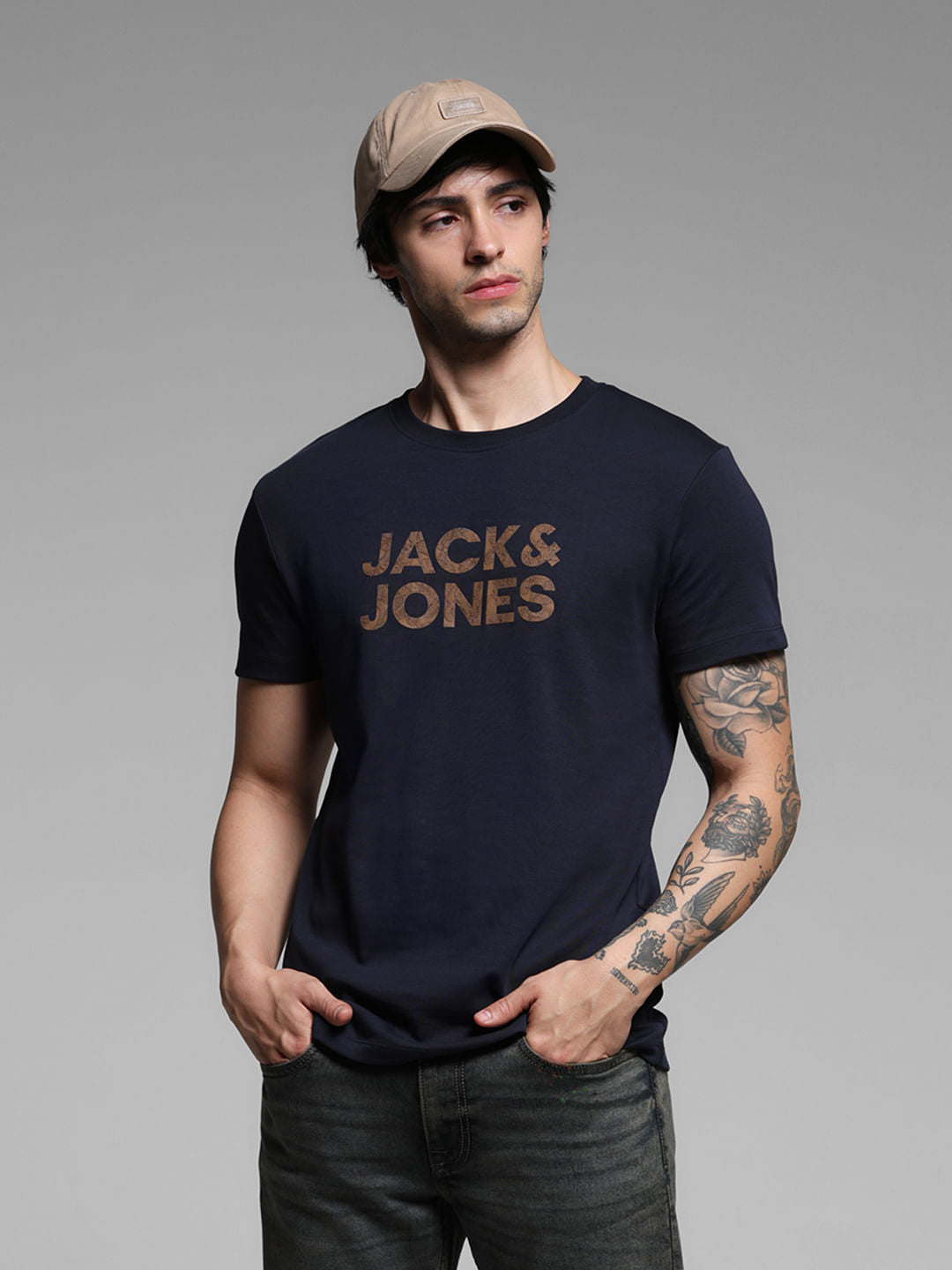 Navy Blue Logo Print Cotton T-shirt