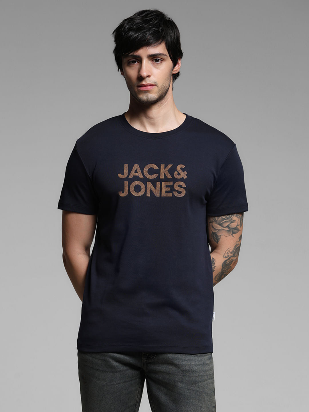 Navy Blue Logo Print Cotton T-shirt