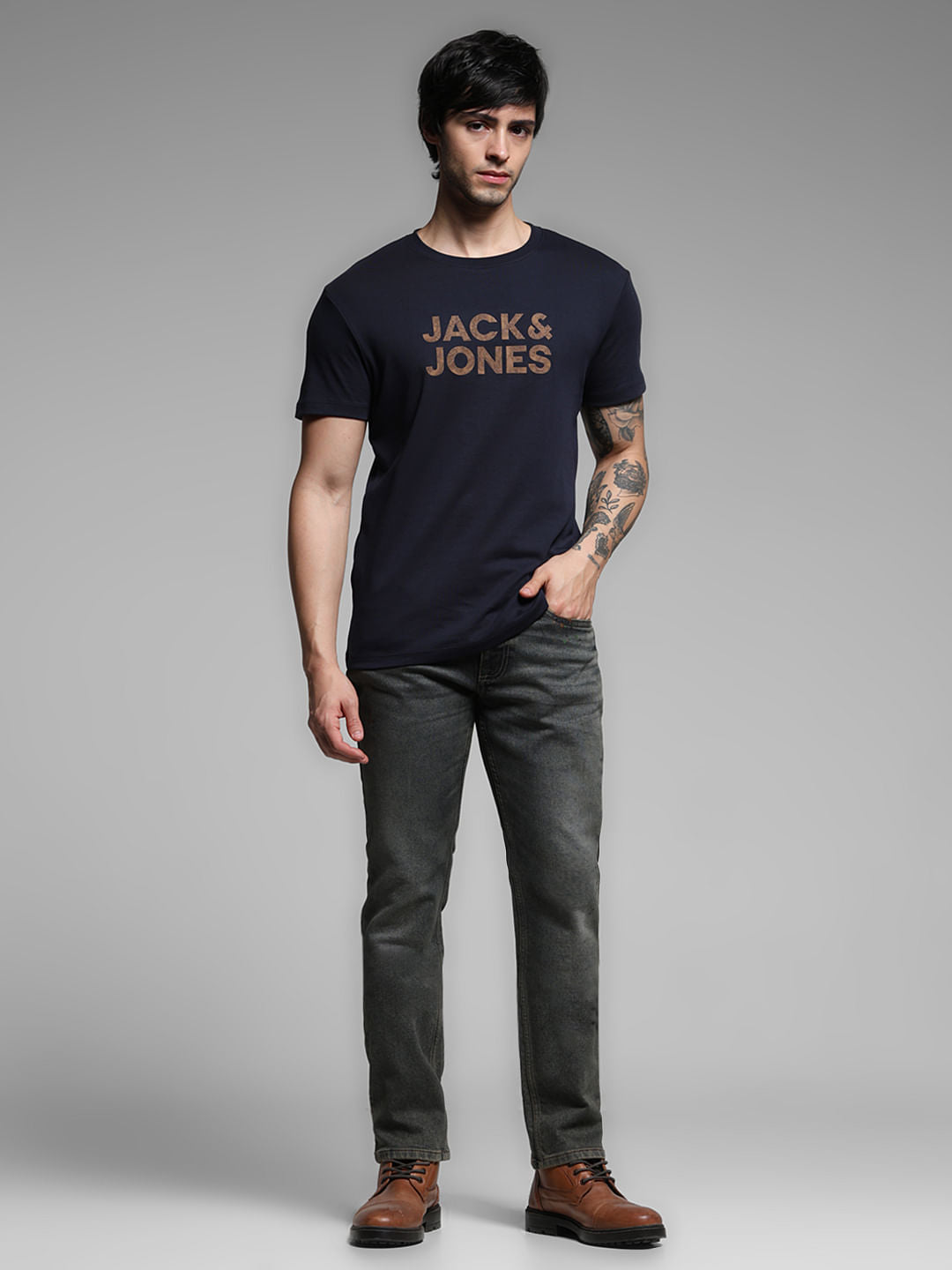 Navy Blue Logo Print Cotton T-shirt