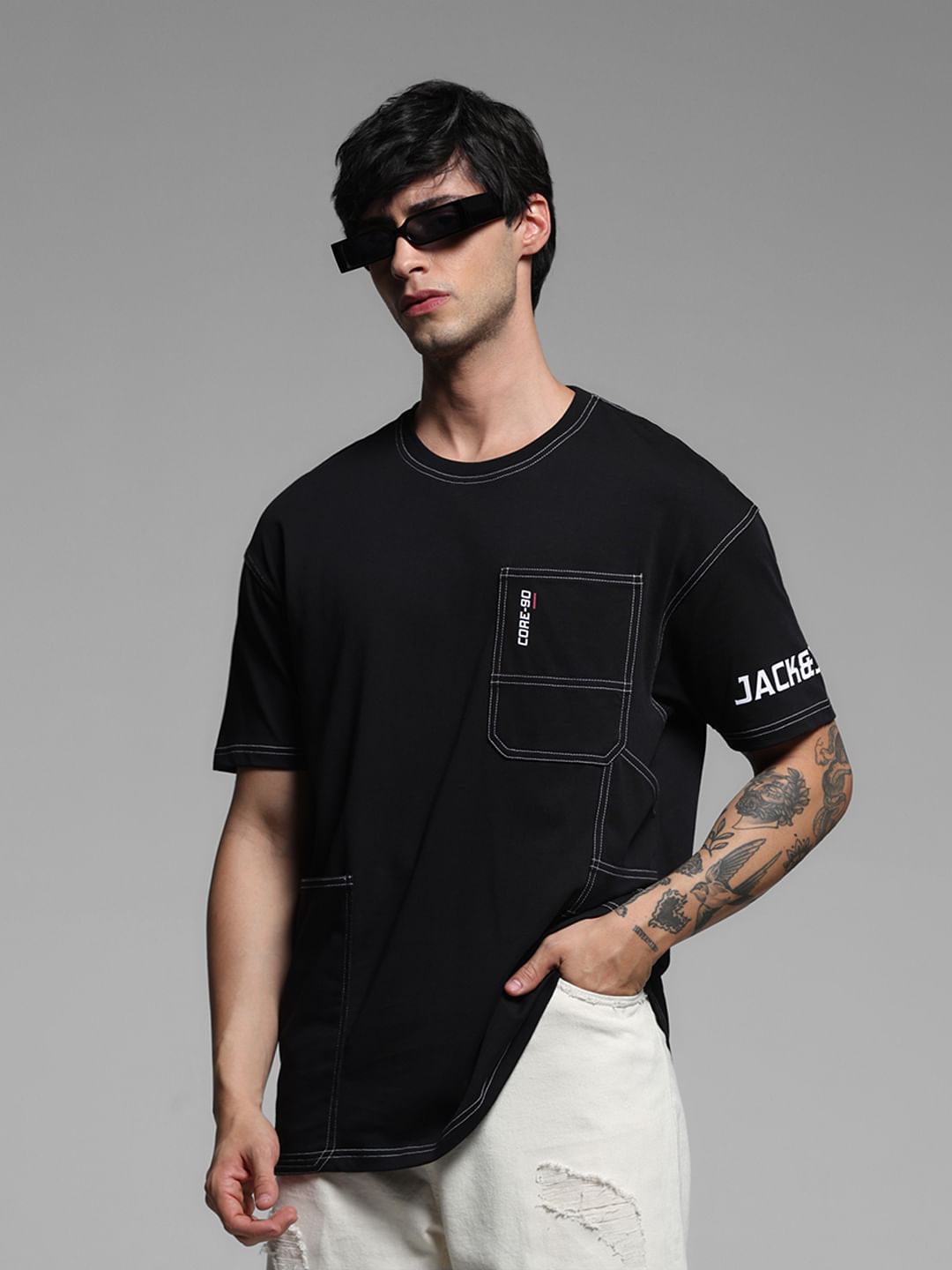 Black Drop Shoulder Contrast Stitch T-shirt - S