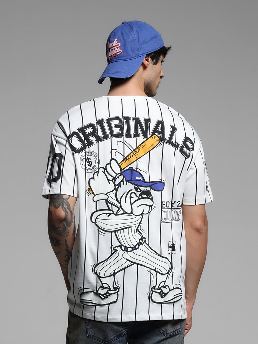 White Striped Drop Shoulder Baseball T-shirt - S