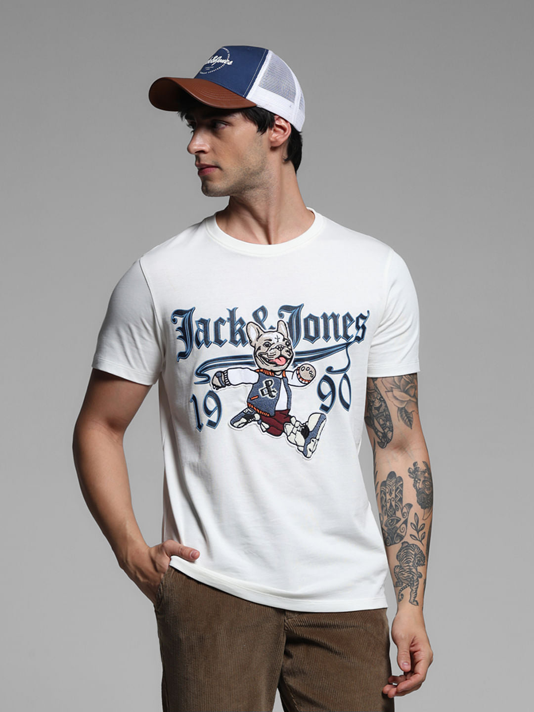 White Printed Cotton T-shirt - S