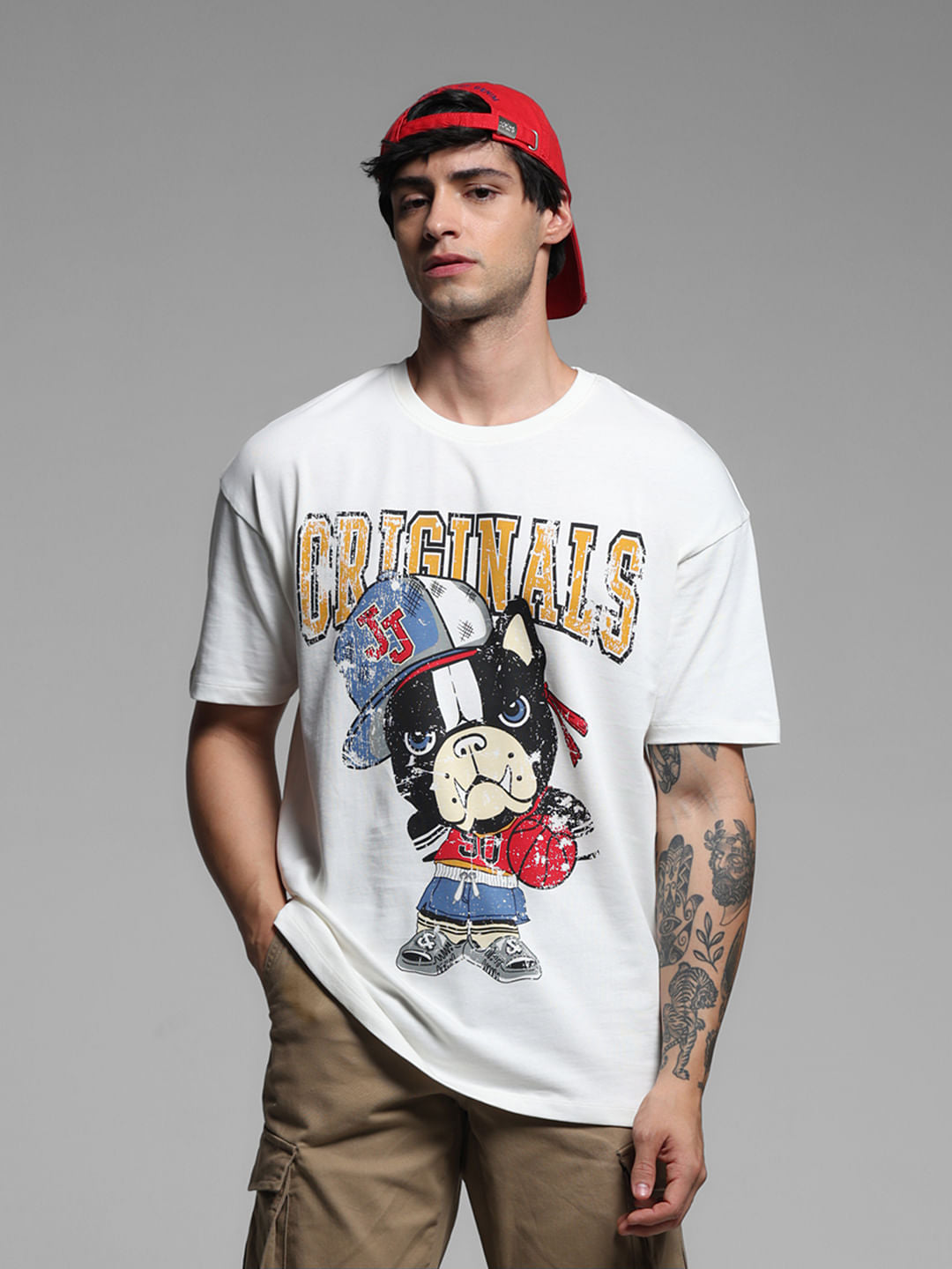 White Printed Drop Shoulder T-shirt - S