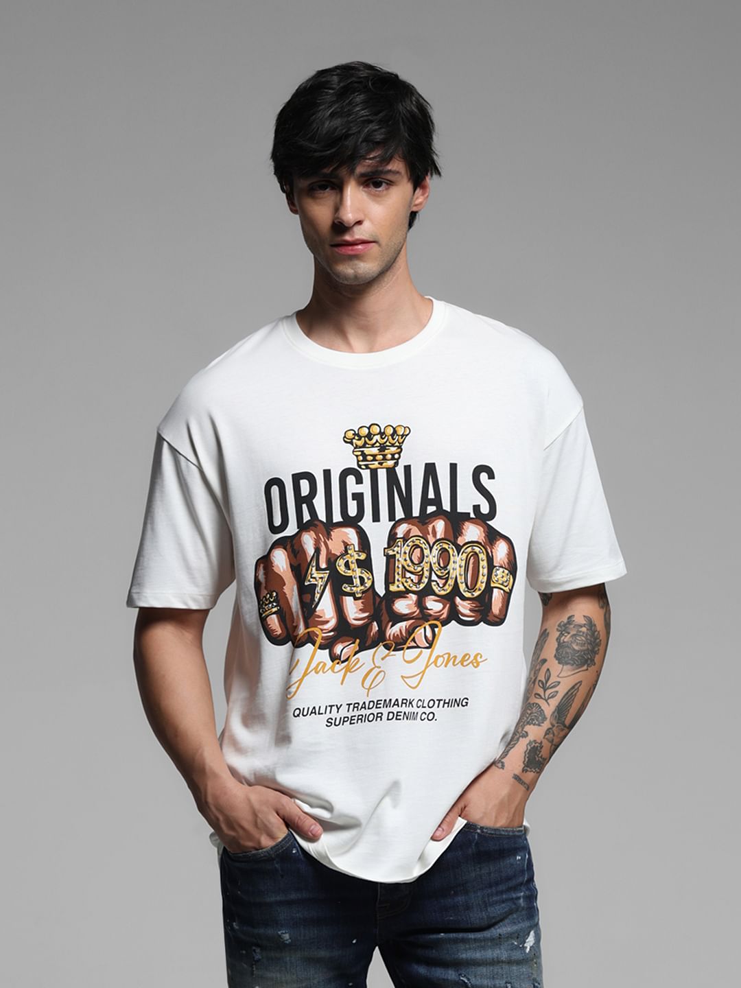 White Printed Drop Shoulder T-shirt - M