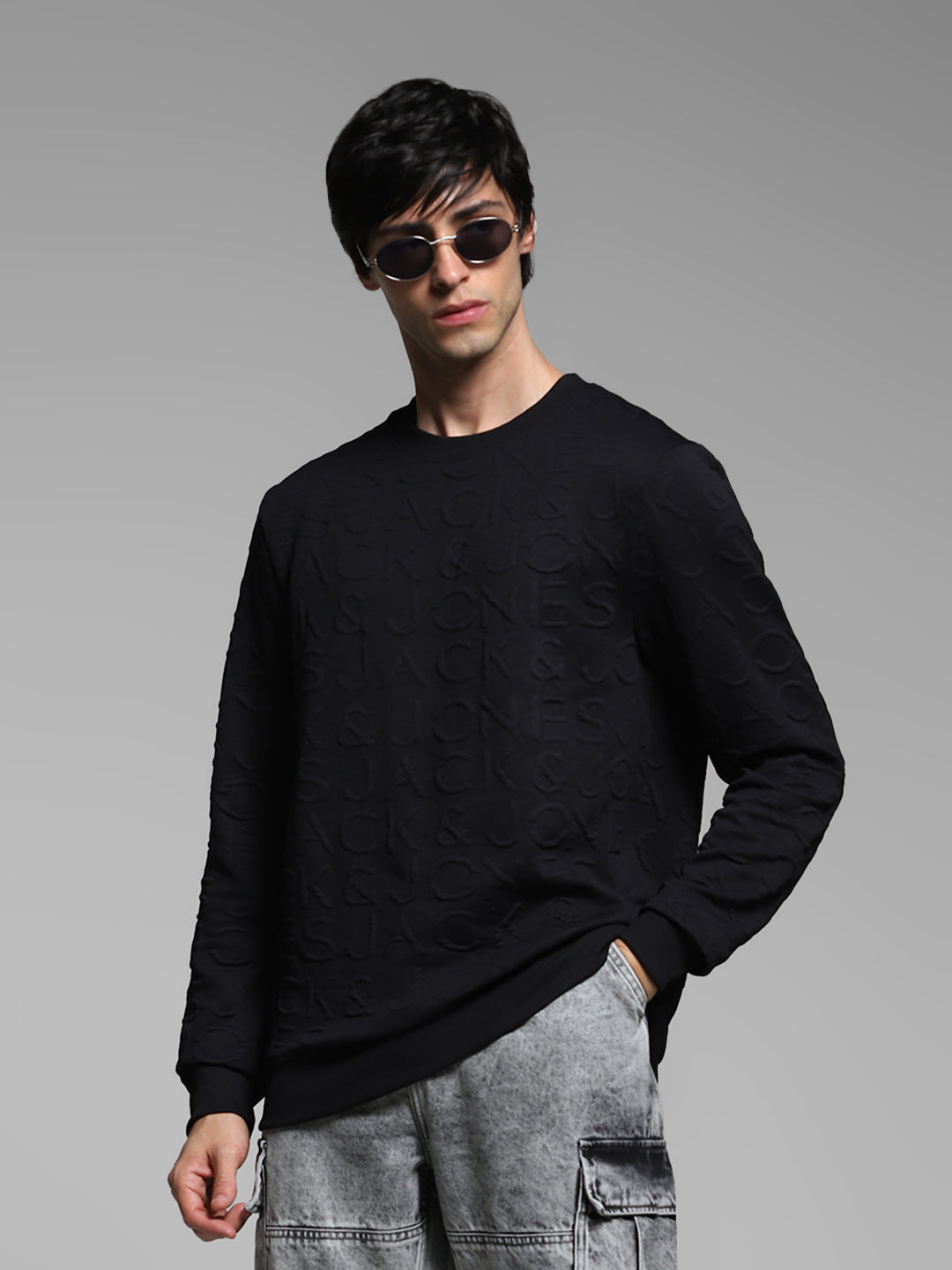 Men's Jet Black Jacquard Embossed Crew Neck Sweatshirt - M