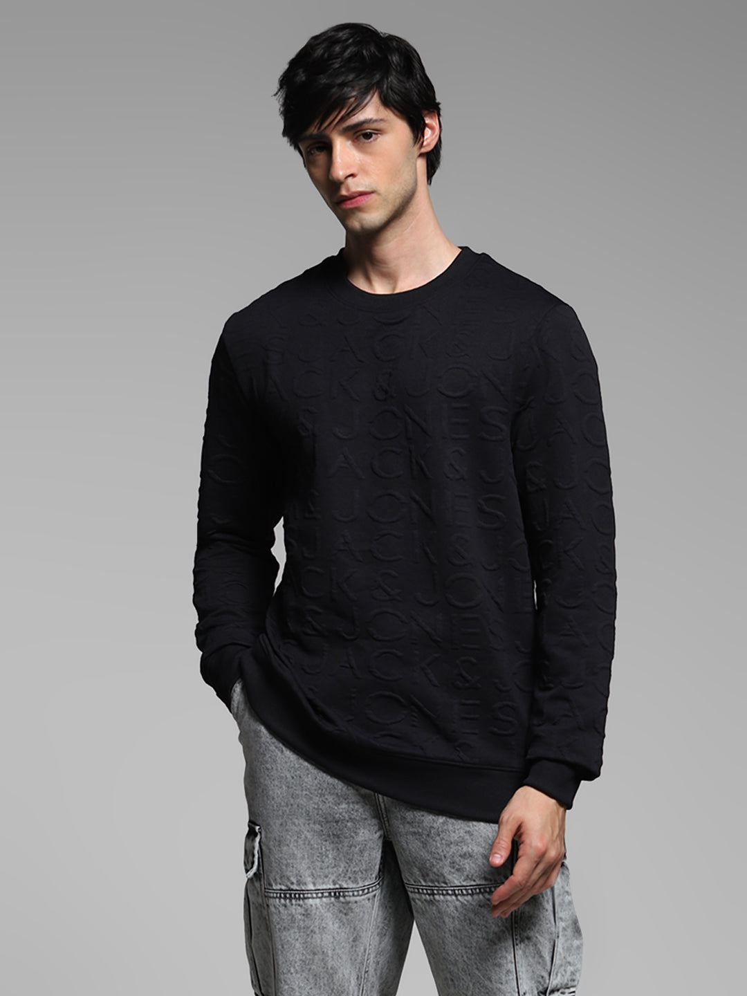 Men's Jet Black Jacquard Embossed Crew Neck Sweatshirt