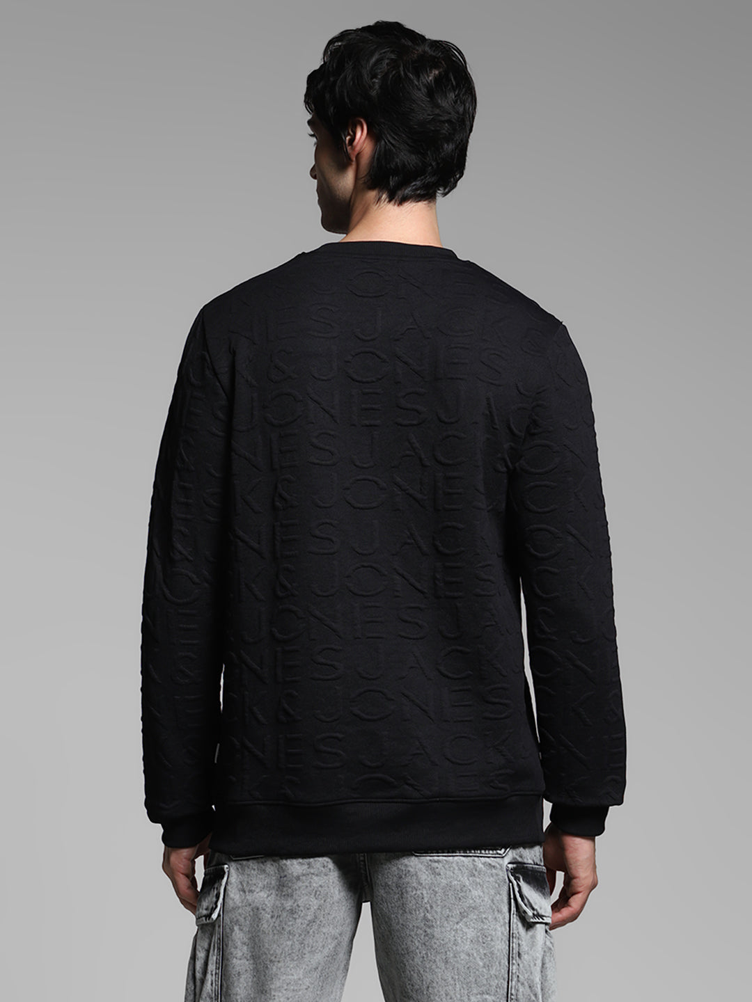 Men's Jet Black Jacquard Embossed Crew Neck Sweatshirt