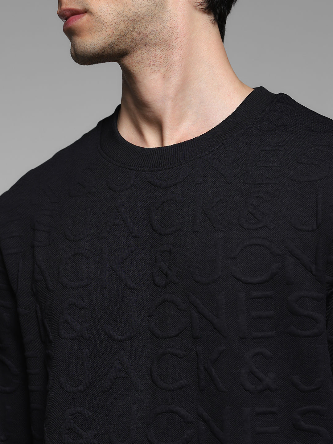 Men's Jet Black Jacquard Embossed Crew Neck Sweatshirt