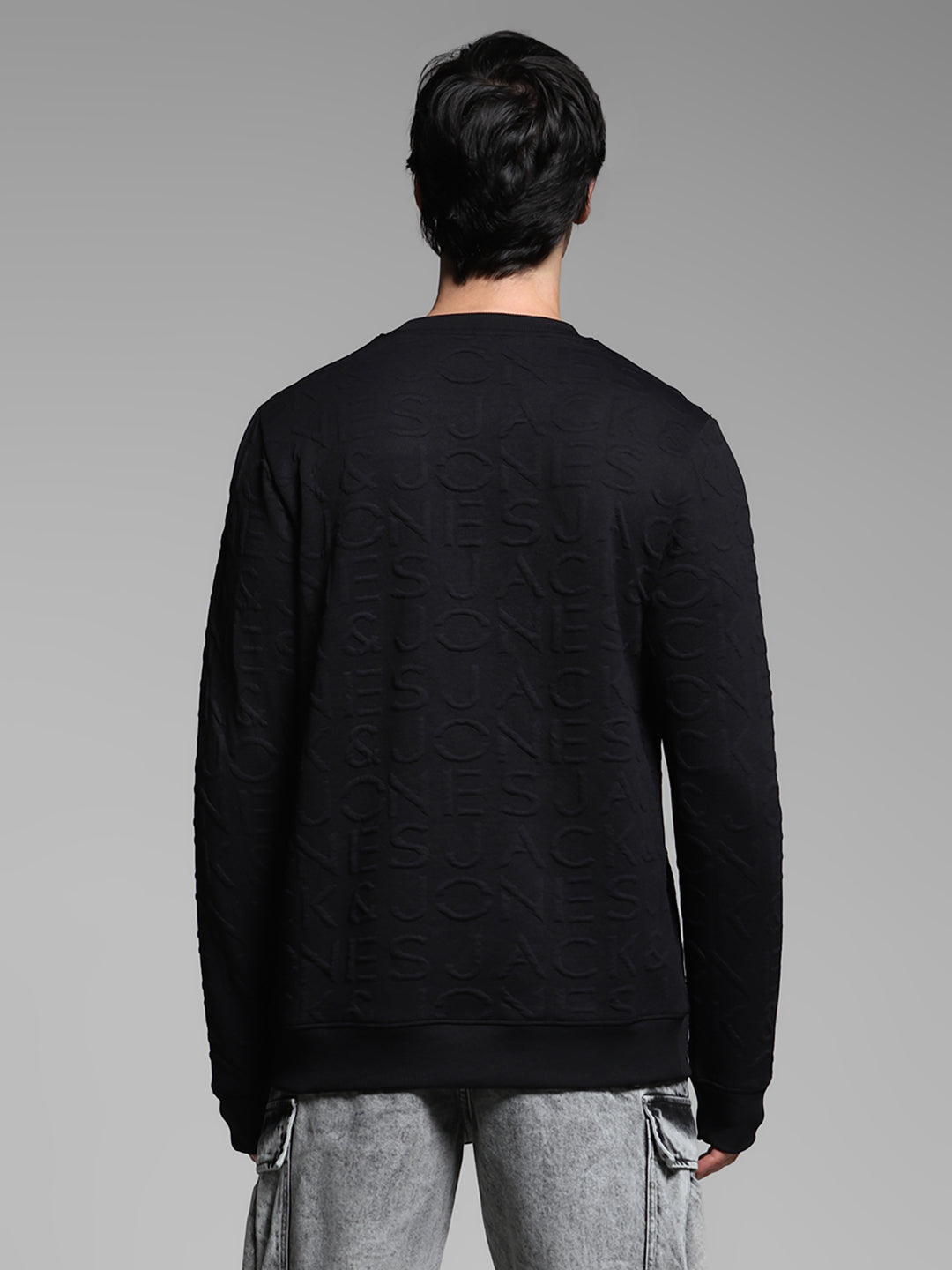 Men's Jet Black Jacquard Embossed Crew Neck Sweatshirt