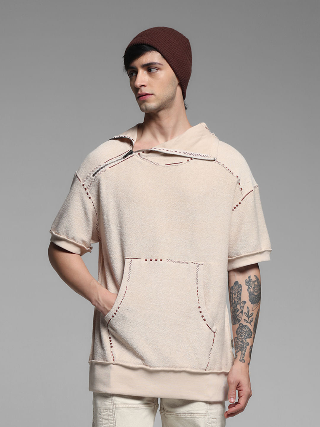 Beige Embroidered Hooded Sweatshirt - S