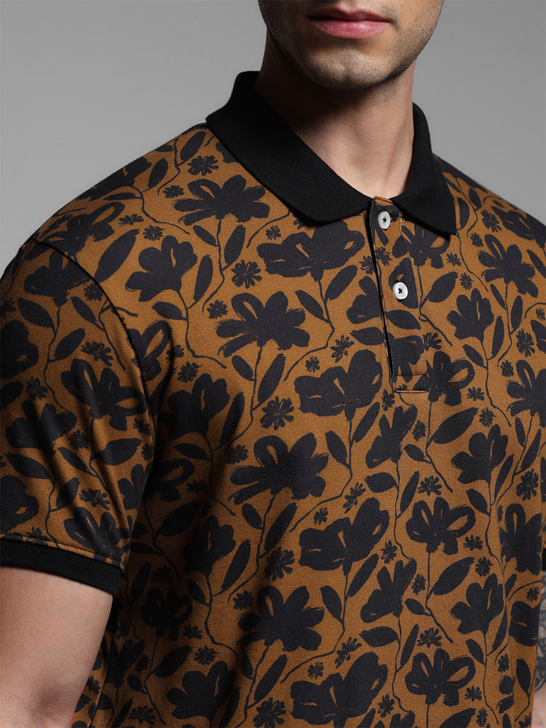 Brown Floral Cotton Polo T-shirt