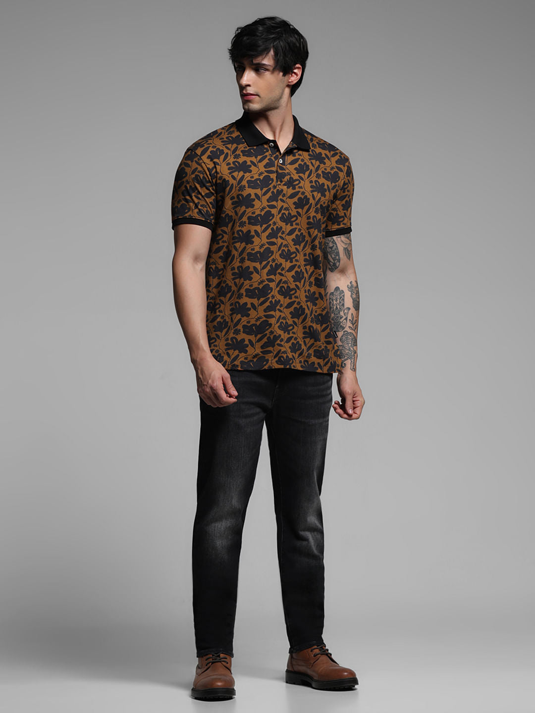 Brown Floral Cotton Polo T-shirt