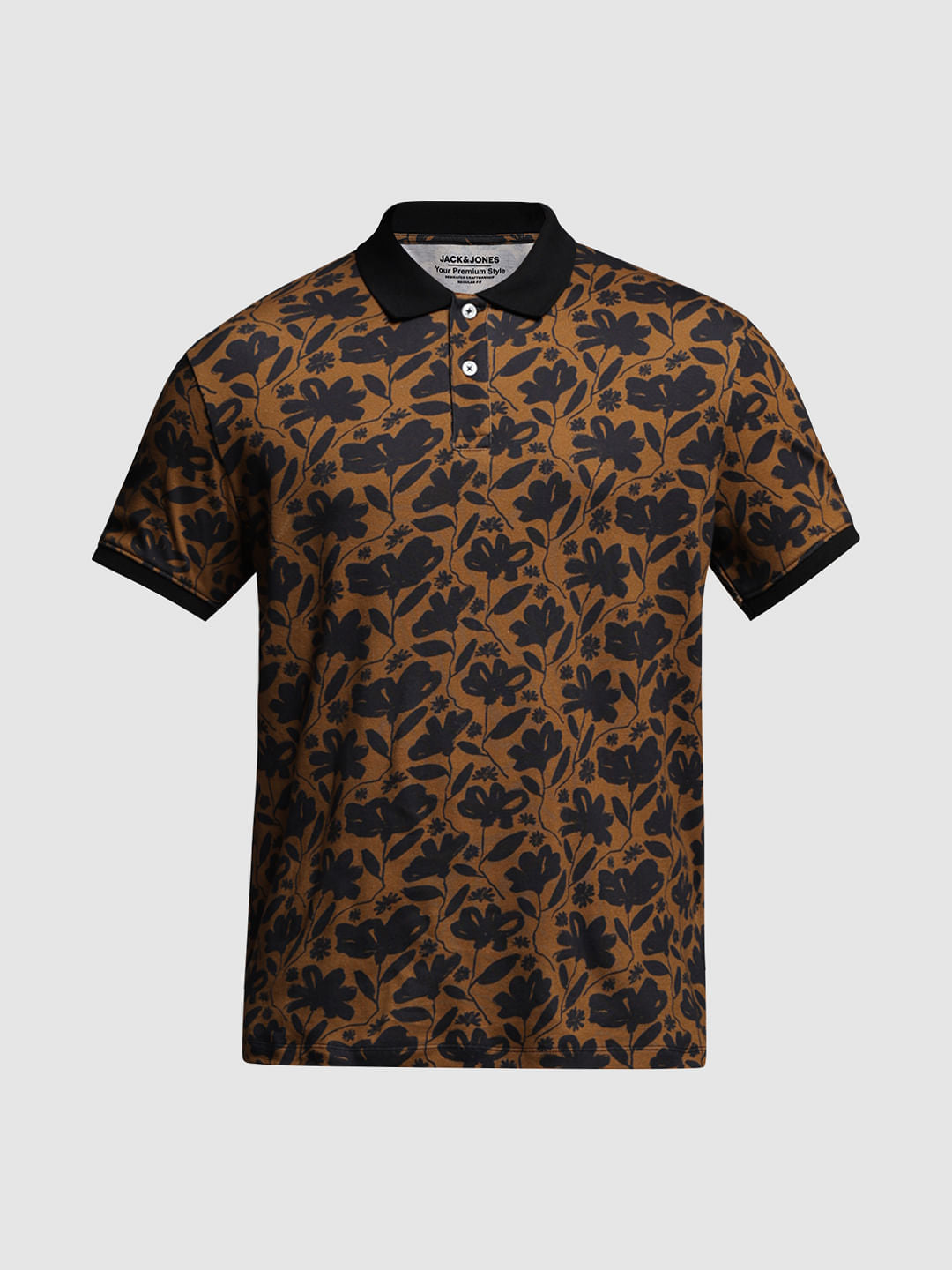 Brown Floral Cotton Polo T-shirt