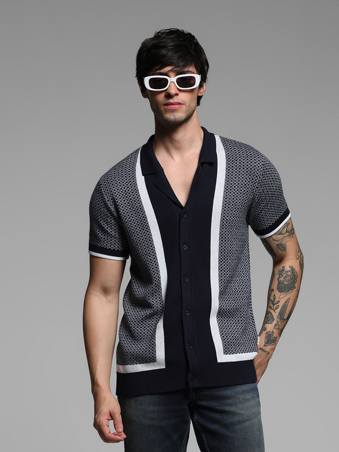 Blue Geometric Print Knitted Polo - S