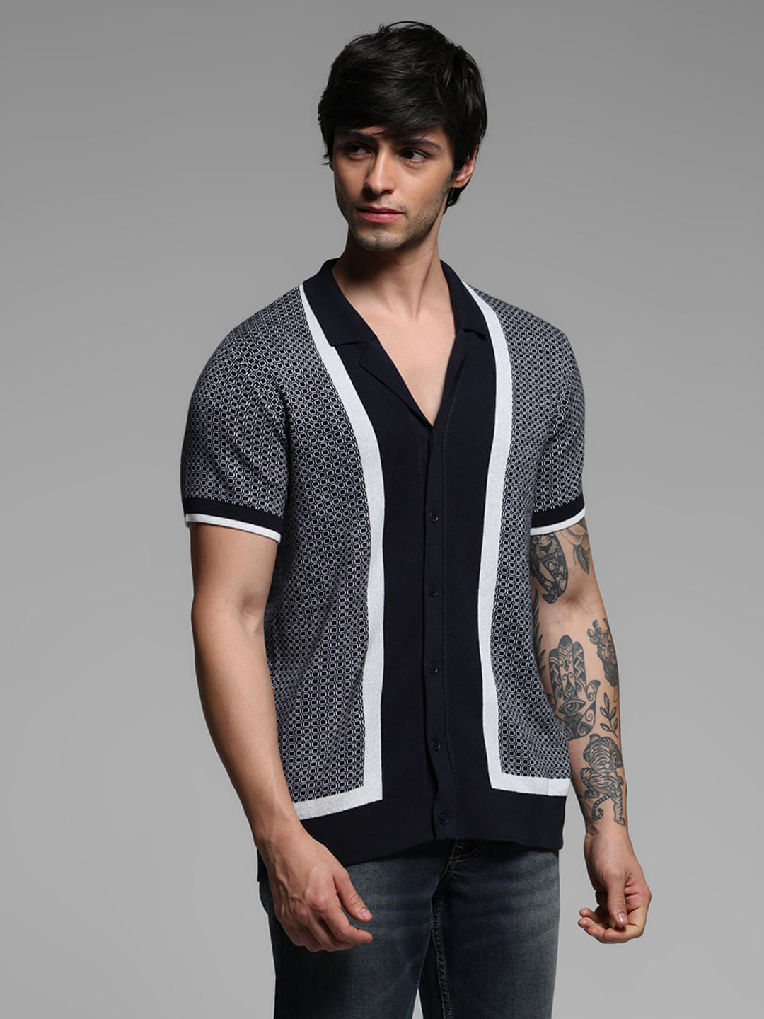 Blue Geometric Print Knitted Polo