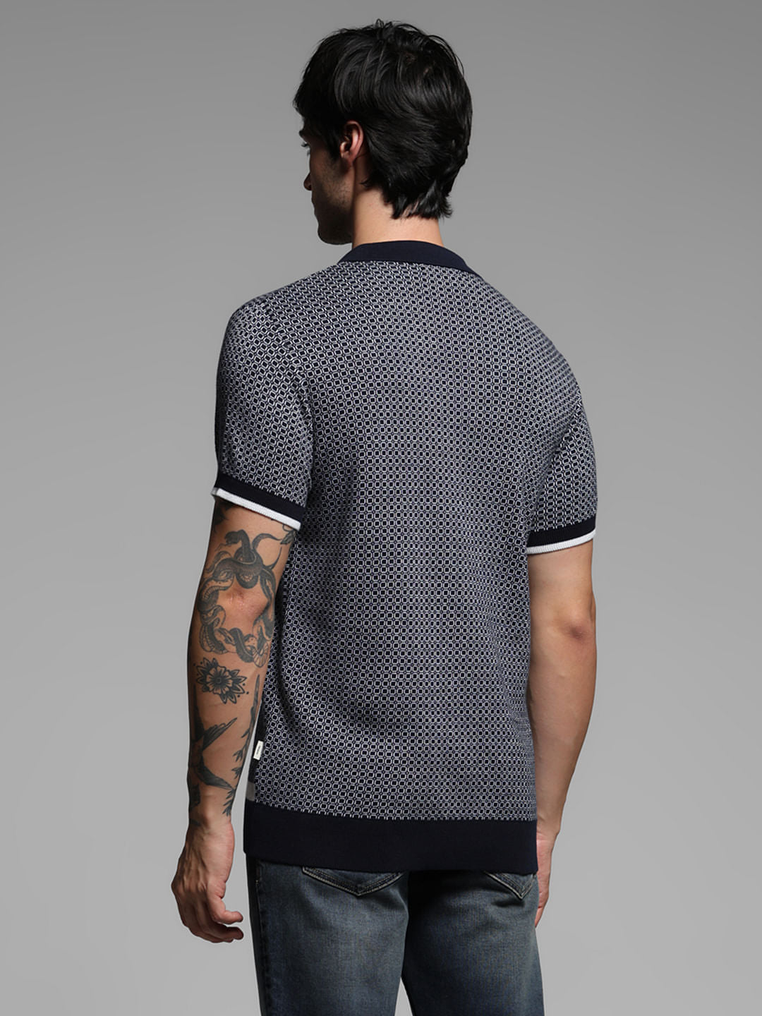 Blue Geometric Print Knitted Polo