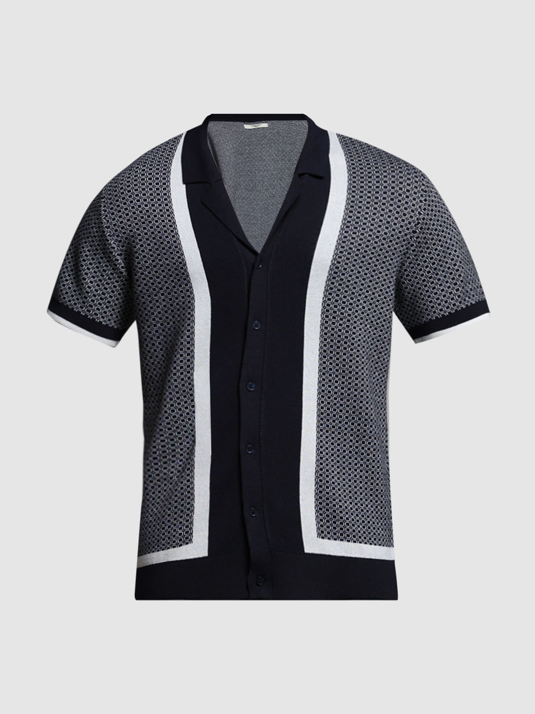 Blue Geometric Print Knitted Polo