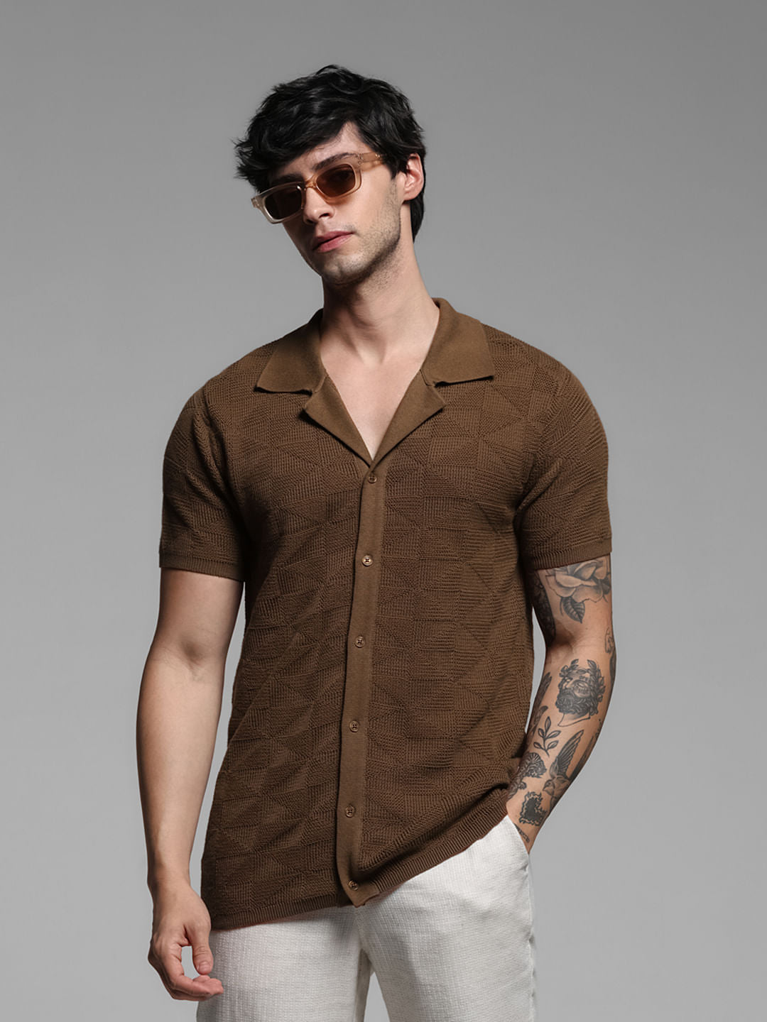 Brown Textured Knitted Polo