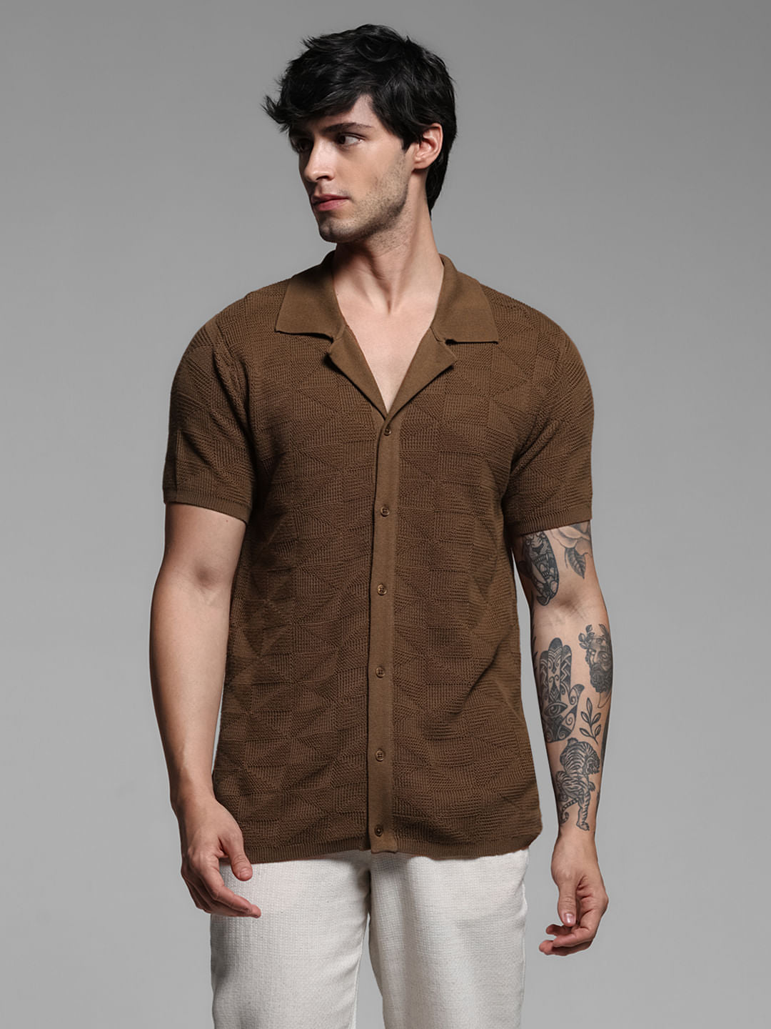 Brown Textured Knitted Polo