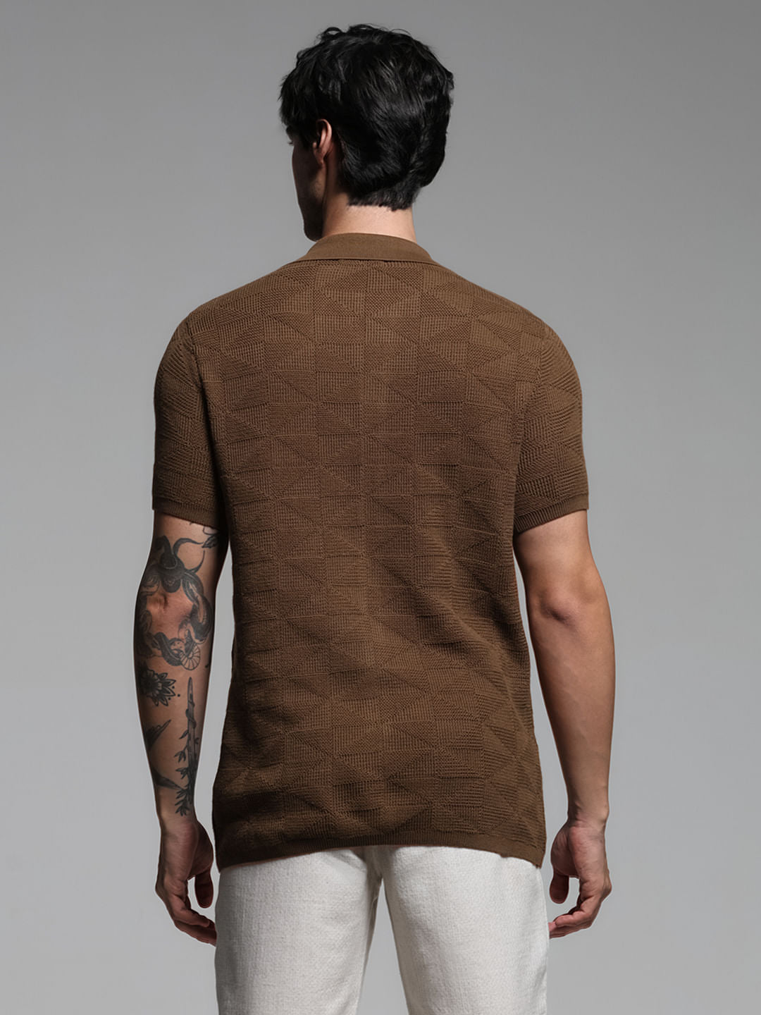 Brown Textured Knitted Polo
