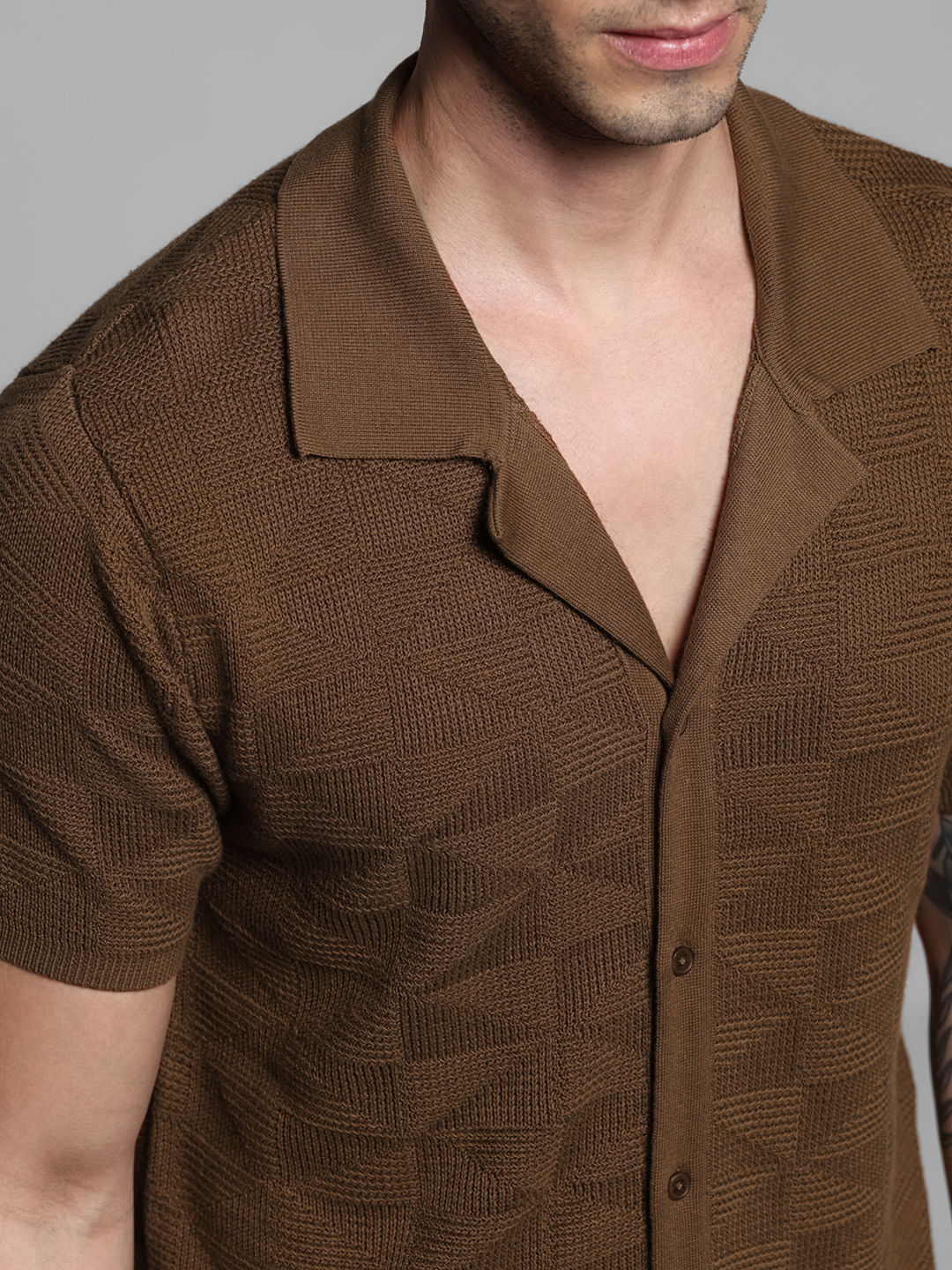 Brown Textured Knitted Polo