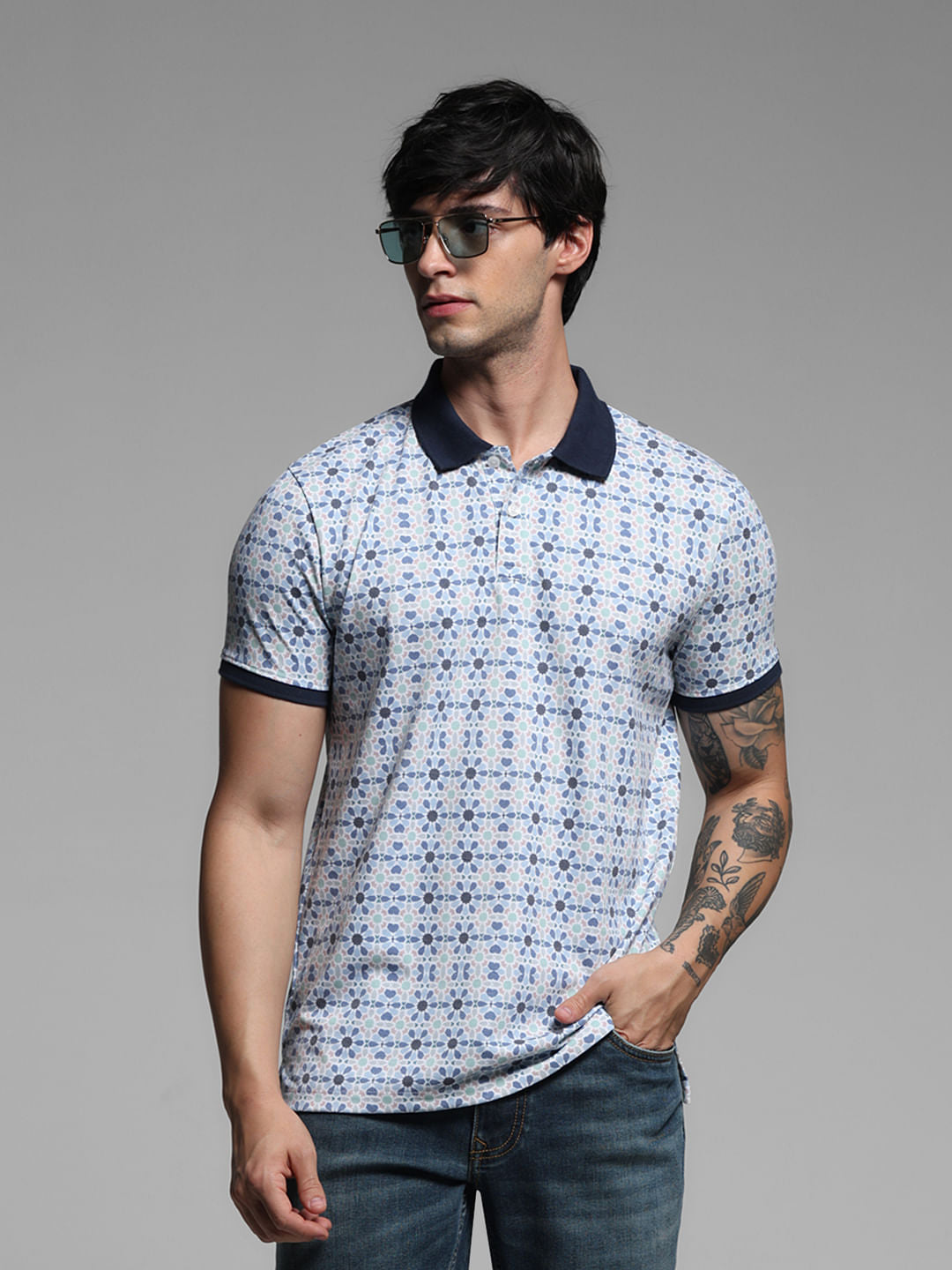White Printed Polo T-shirt - S