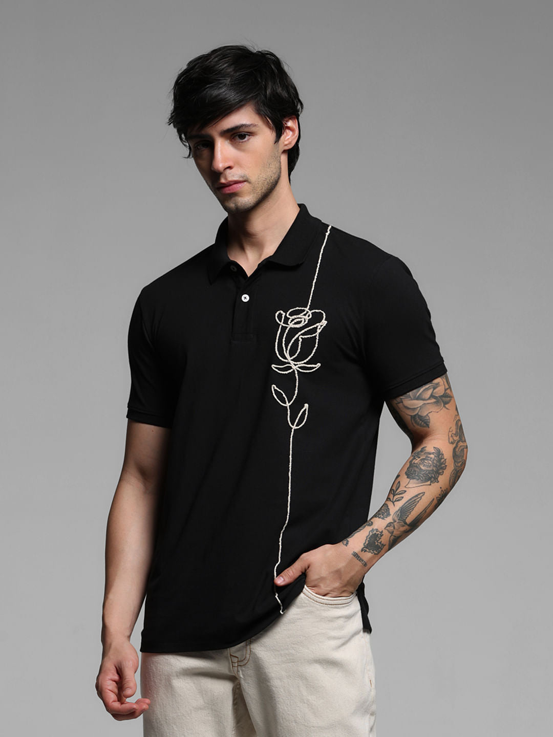 Black Rose Print Polo T-shirt - S