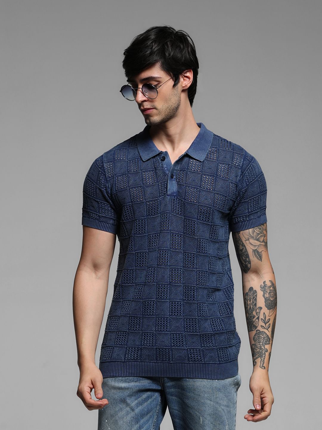 Blue Textured Knitted Polo