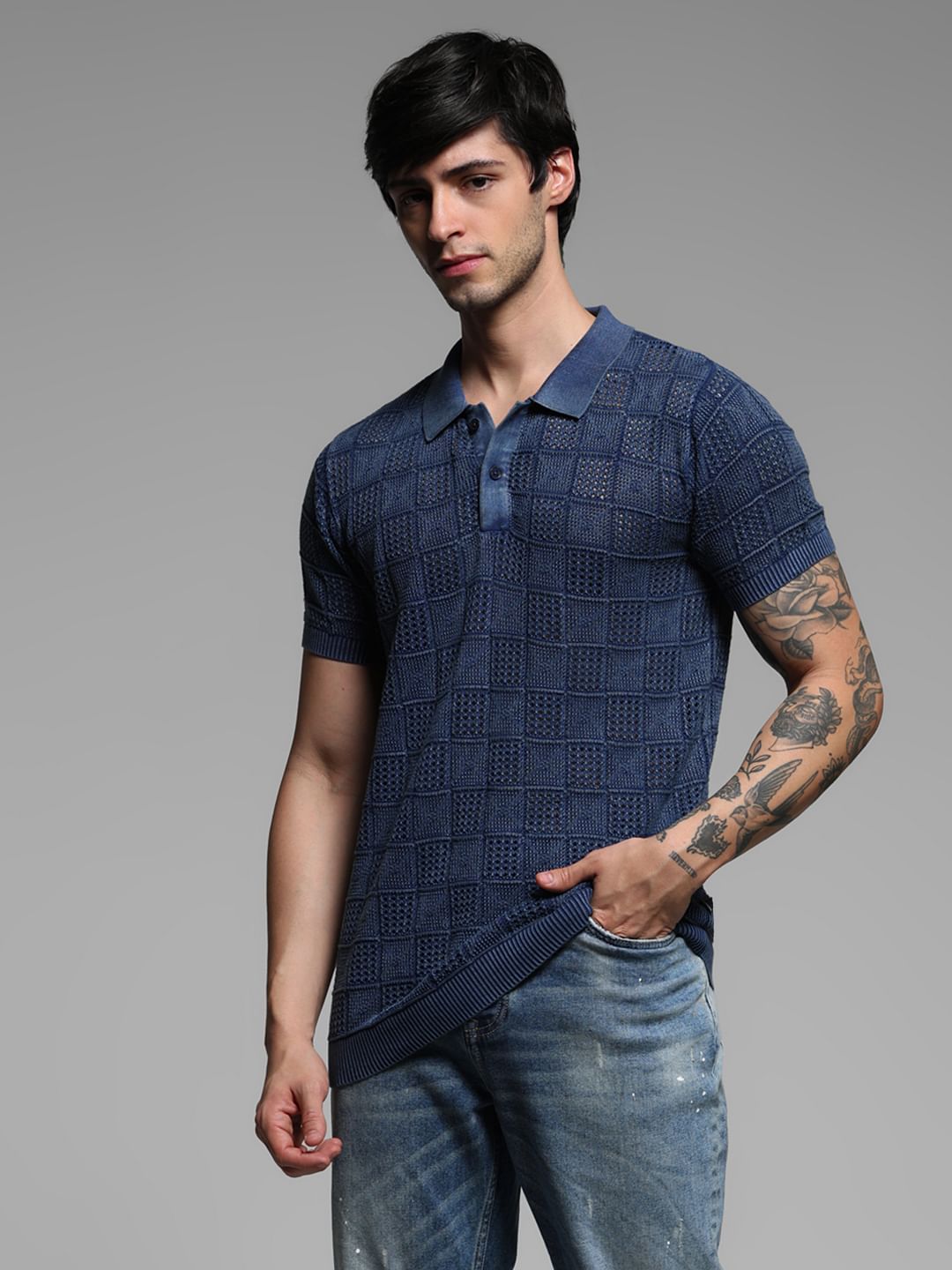 Blue Textured Knitted Polo