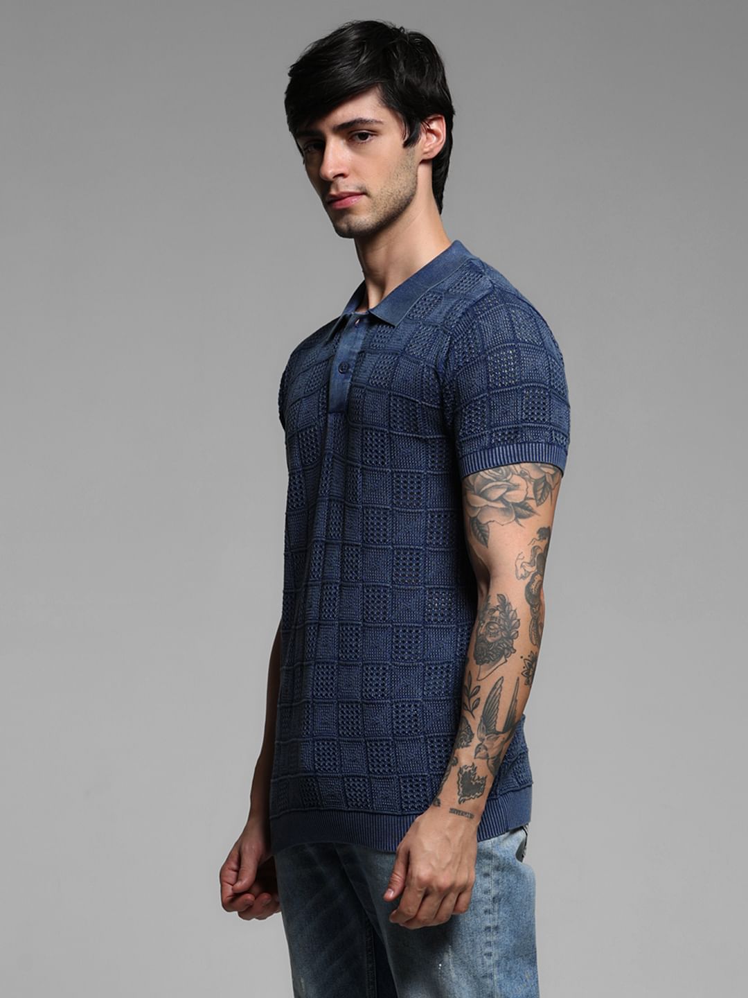 Blue Textured Knitted Polo