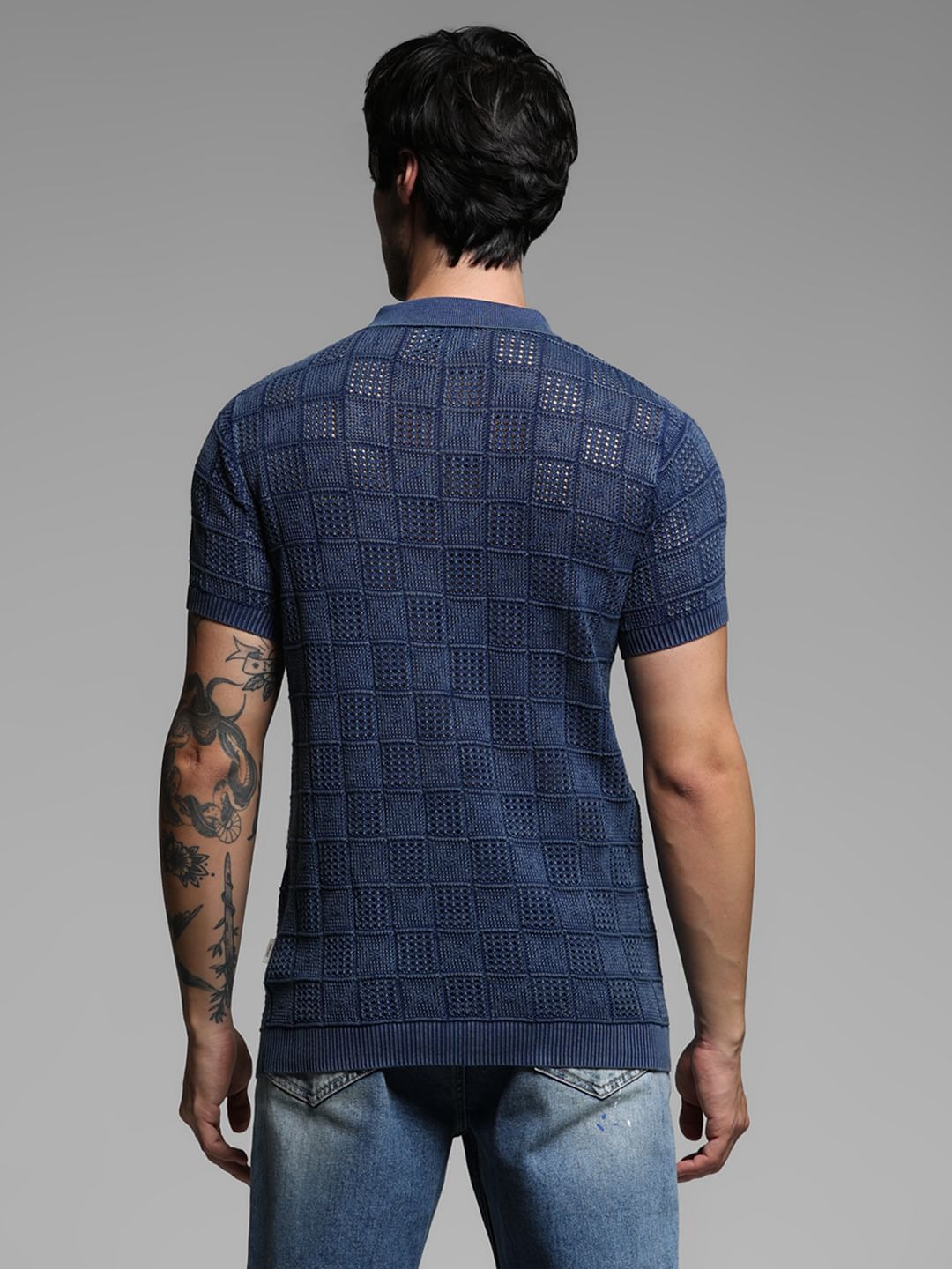 Blue Textured Knitted Polo